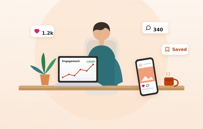 A creator reviewing engagement analytics. Captions are what move those numbers.